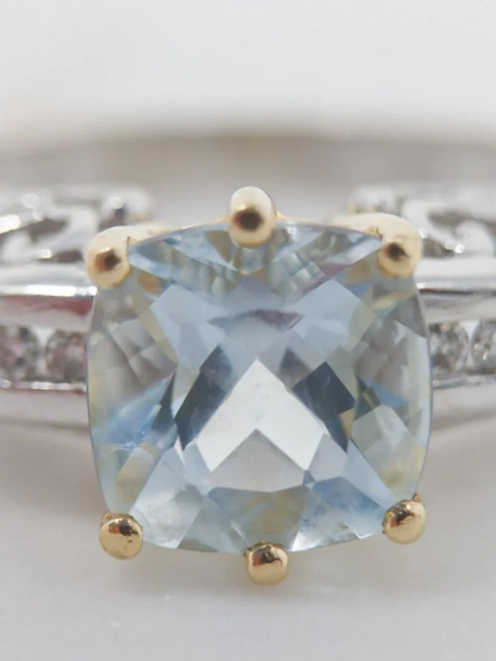 14K Two Tone Gold Aquamarine Diamond Ring approx. 2ct Cushion Size 6.5